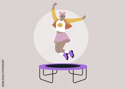 A joyful young woman in pastel clothes jumping with her arms raised high above her head on a trampoline