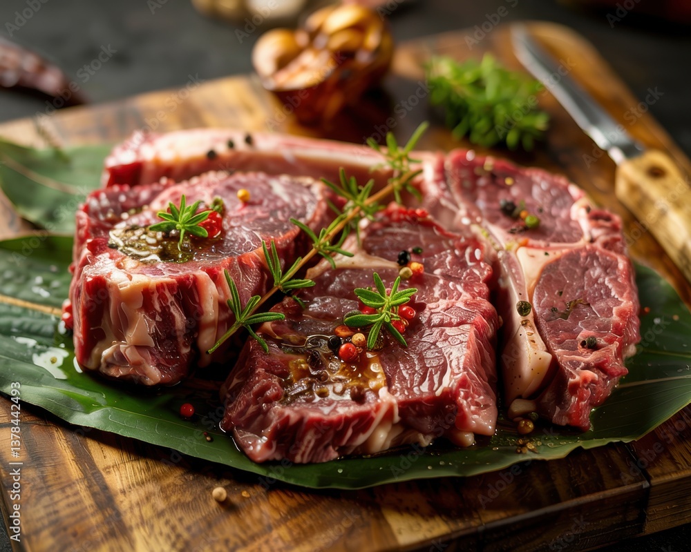 Displayed assortment of fresh meats prepared for grilling with herbs and spices at a rustic kitchen setting Displayed assortment of fresh meats prepared for grilling with herbs and spices at a rustic kitchen setting