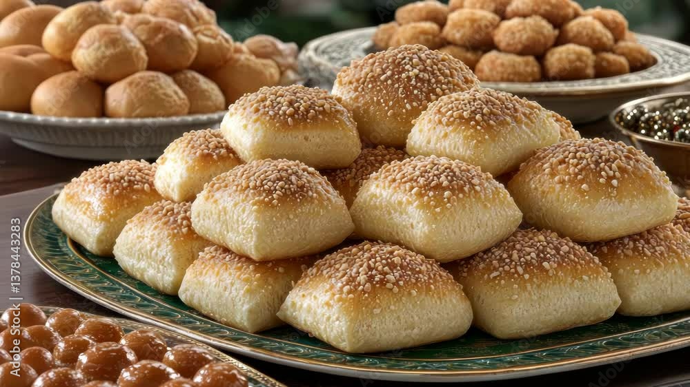Stacked, sesame-studded rolls on a decorative platter, surrounded by assorted pastries Stacked, sesame-studded rolls on a decorative platter, surrounded by assorted pastries