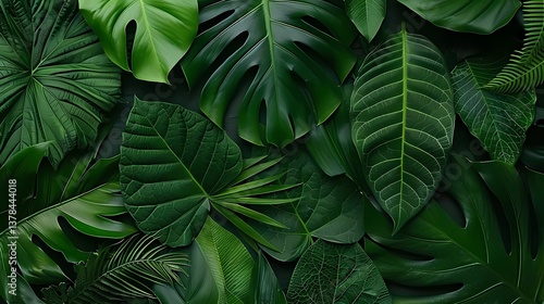 Various green leaves arranged artistically on a flat surface in natural light, showcasing diverse textures and shapes Generative AI