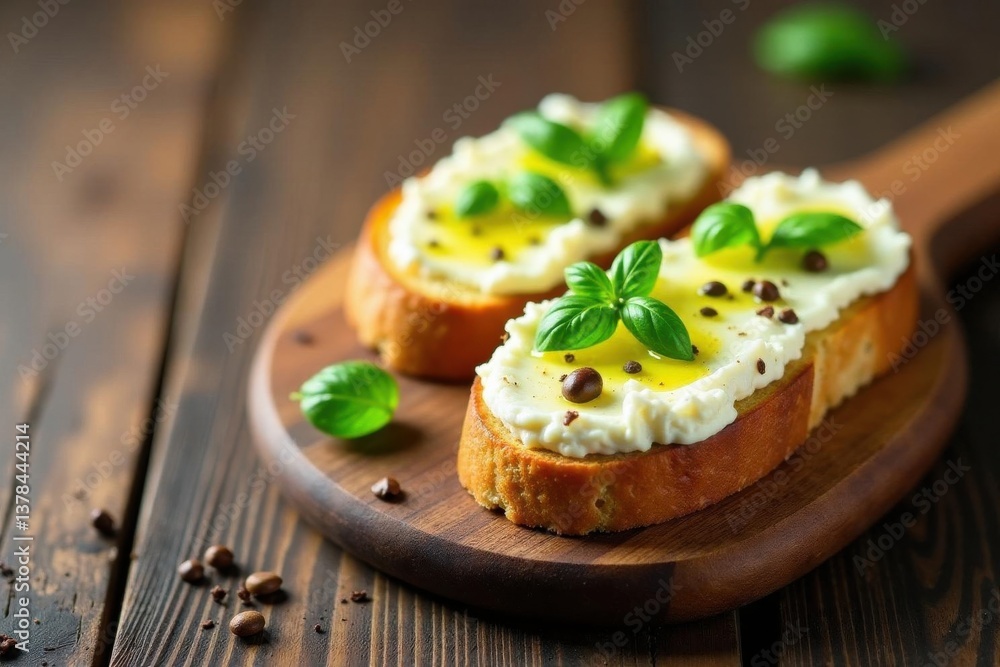Delightful Creamy Cheese Toasts with Basil and Olive Oil Drizzle on Rustic Wooden Board Delightful Creamy Cheese Toasts with Basil and Olive Oil Drizzle on Rustic Wooden Board