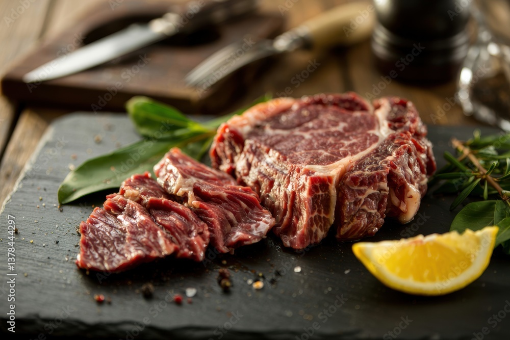 Juicy steak cut from fresh beef with lemon and herbs on rustic wooden table Juicy steak cut from fresh beef with lemon and herbs on rustic wooden table