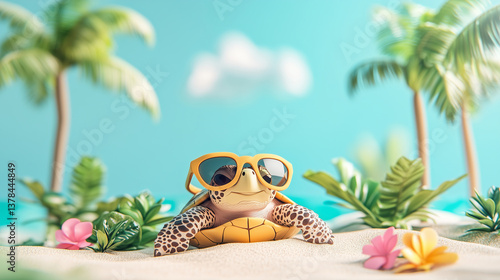 Turtle wearing sunglasses enjoys a sunny day at the beach with lush palms and colorful flowers. 3D style illustration
