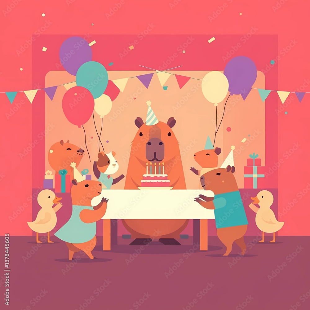 Cheerful animal party celebration with a capybara and friends in a colorful setting Generative AI Cheerful animal party celebration with a capybara and friends in a colorful setting Generative AI