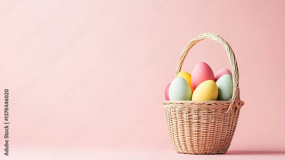 Naklejka premium A basket filled with pastel-colored eggs sitting on a soft pink background