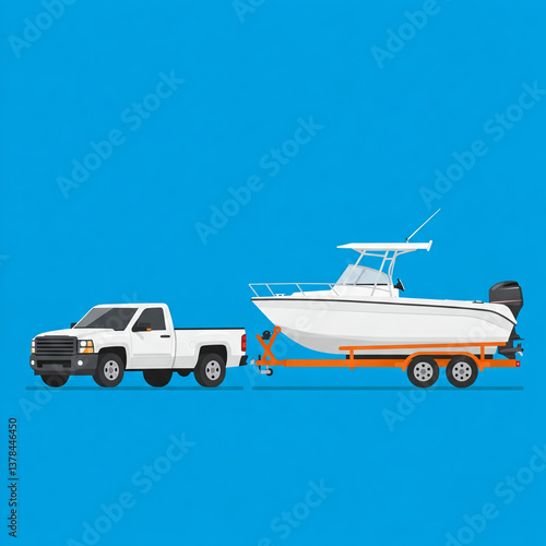 A white pickup truck pulls a boat on an orange trailer.