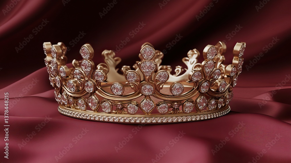 Obraz premium A classic queen's diamond crown with ornate patterns, set on a luxurious pink velvet surface