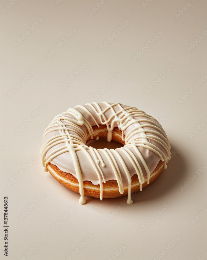 A drizzled looking white chocolate doughnut on a plain ivory background A drizzled looking white chocolate doughnut on a plain ivory background