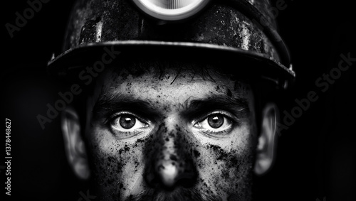 Black-and-white photo close-up of the face of a miner in a helmet with a lantern, stained with coal with emphasis on the eyes and details.