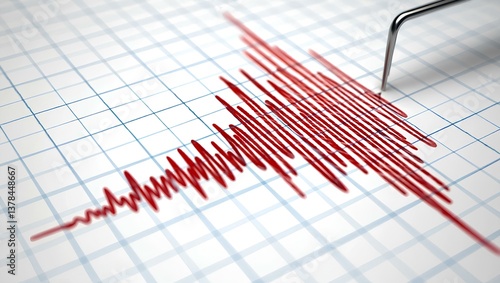 A close-up of a seismograph recording an earthquake. The needle draws red lines on the paper, indicating strong tremors.