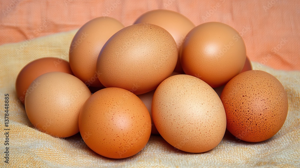A cluster of fresh farm eggs resting gently on a peach-colored background A cluster of fresh farm eggs resting gently on a peach-colored background