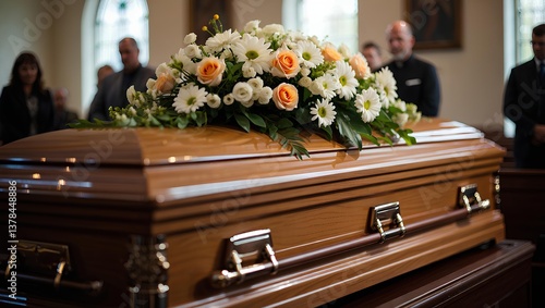 Polished wooden casket decorated with flowers, illuminated by stained glass light during the memorial service with a backdrop of mourners.