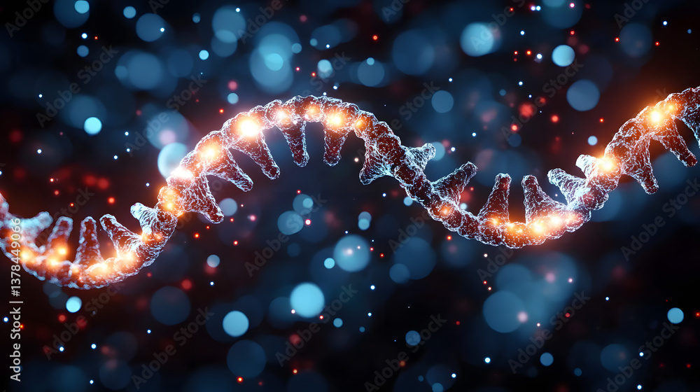 Dna strip with glowing elements related to stress migraine seizure alzheimers and epilepsy conditions Dna strip with glowing elements related to stress migraine seizure alzheimers and epilepsy conditions