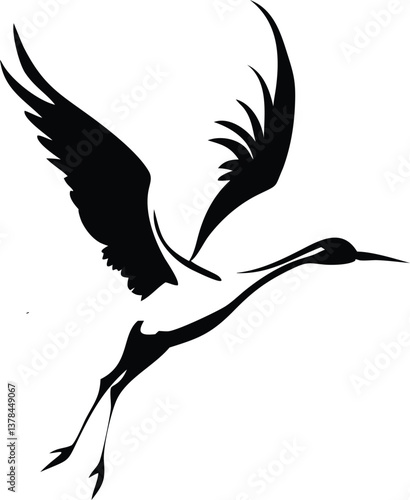 Elegant Silhouette of Flying Crane with Upward Wings on Transparent Background