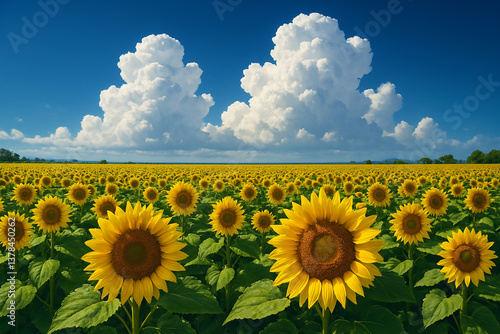 Vast sunflower field under towering summer clouds – 入道雲の下に広がる壮大なひまわり畑