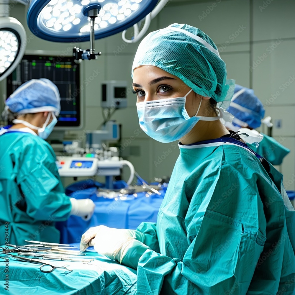 Una cirujana preparándose para una operación en un quirófano. Ella está concentrada, vistiendo uniformes quirúrgicos y una mascarilla, con varios instrumentos quirúrgicos ordenadamente dispuestos a su Una cirujana preparándose para una operación en un quirófano. Ella está concentrada, vistiendo uniformes quirúrgicos y una mascarilla, con varios instrumentos quirúrgicos ordenadamente dispuestos a su