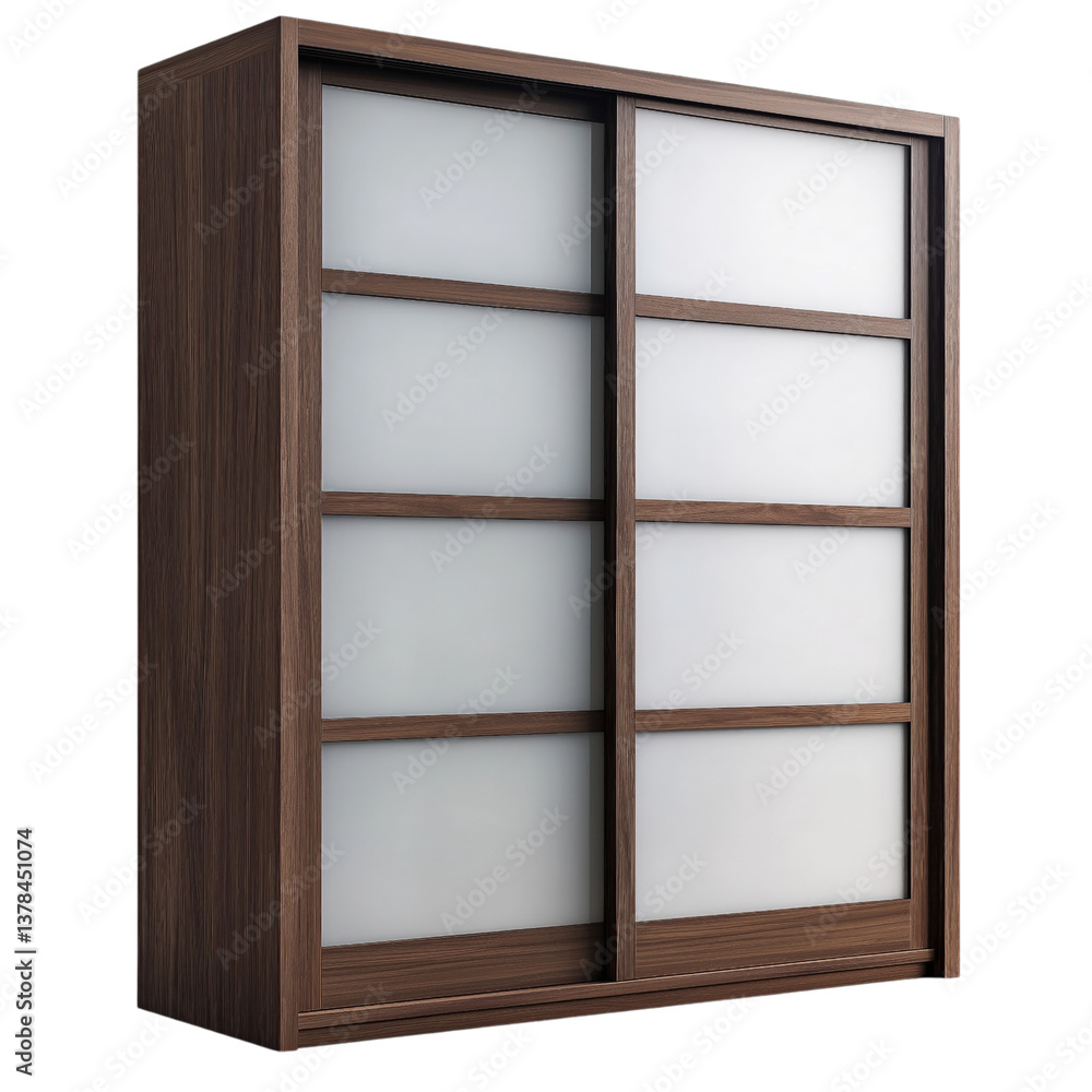 Modern Japanese wardrobe with dark walnut frame and frosted sliding doors, perfect for minimalist interiors. Modern Japanese wardrobe with dark walnut frame and frosted sliding doors, perfect for minimalist interiors.