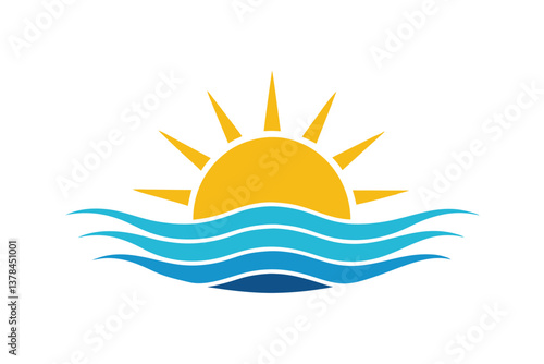 Yellow Sun Rising Above Blue Ocean Waves on Transparent Background