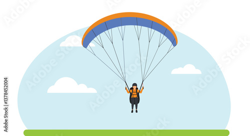 Parachutist gliding through the sky in minimal flat vector art