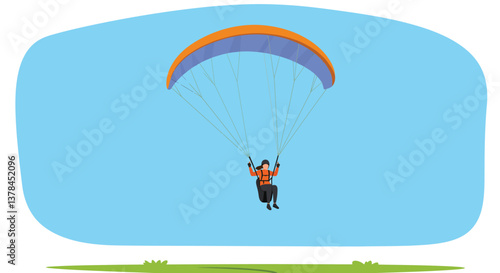Paraglider soaring through blue sky in flat and colorful vector art