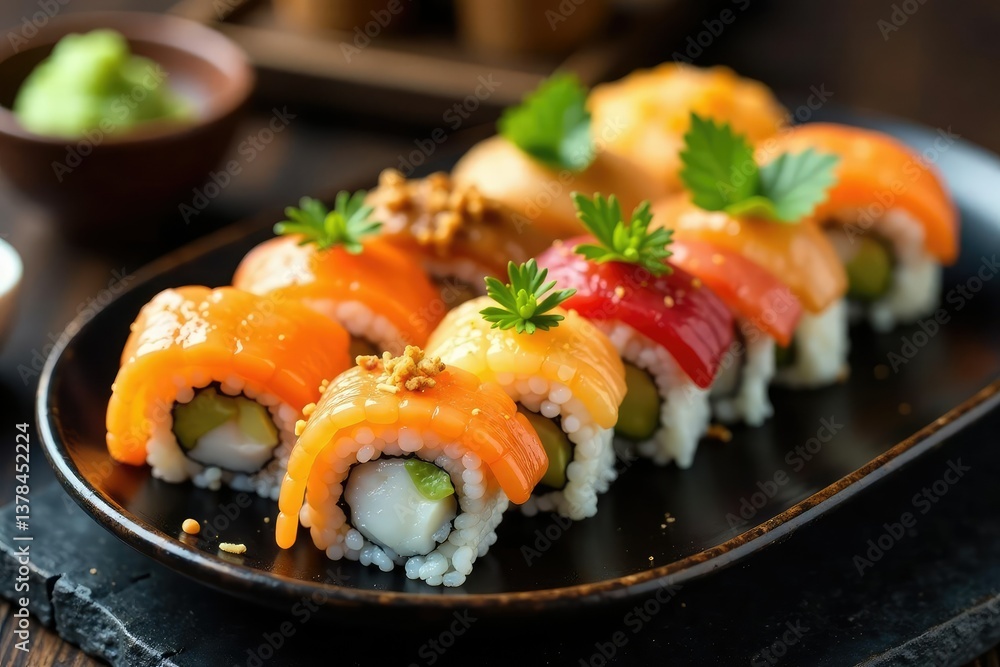 Colorful sushi platter, various rolls, ginger, wasabi , sushi, crab, elegant Colorful sushi platter, various rolls, ginger, wasabi , sushi, crab, elegant