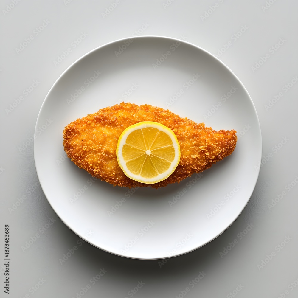 Crispy Breaded Chicken Schnitzel with Lemon Slice on White Plate Delicious Food Crispy Breaded Chicken Schnitzel with Lemon Slice on White Plate Delicious Food