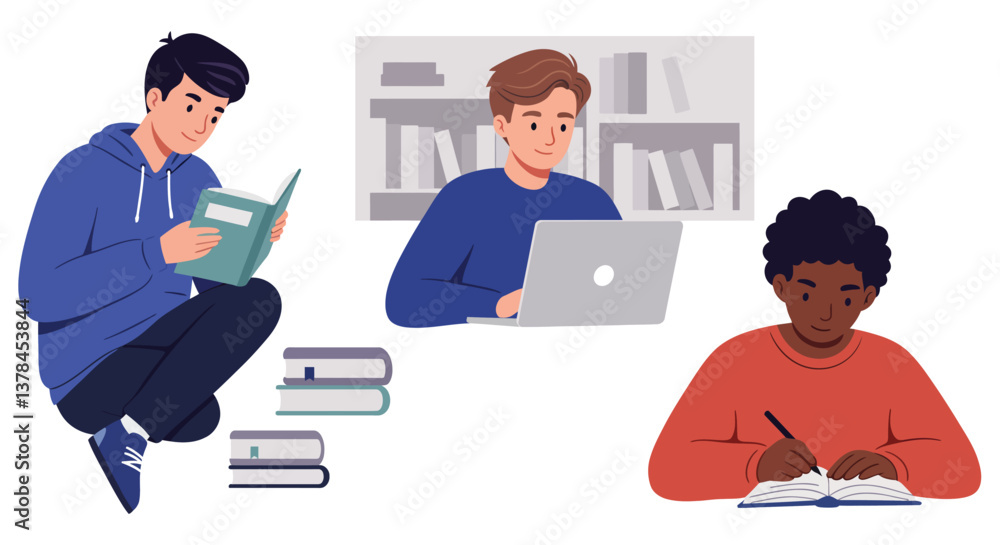 Three students engaged in different studying activities in flat vector art Three students engaged in different studying activities in flat vector art