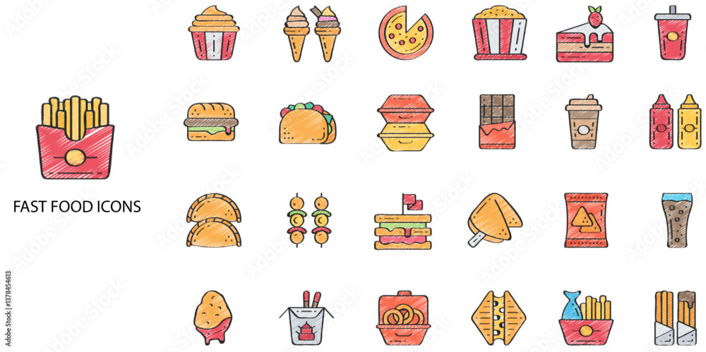 Fast food simple concept 35 Color Hand drawn icons set. Contains such pizza, burger, cake, chicken, fry, Noddle, chicken stick .Vector illustration. Fast food simple concept 35 Color Hand drawn icons set. Contains such pizza, burger, cake, chicken, fry, Noddle, chicken stick .Vector illustration.