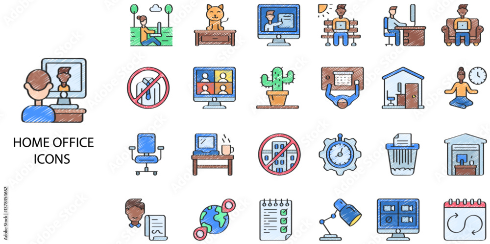 Home Office simple concept 24 hand drawn color icons set. Contains such video conference, meeting, education training class, using laptop .Vector illustration. Home Office simple concept 24 hand drawn color icons set. Contains such video conference, meeting, education training class, using laptop .Vector illustration.
