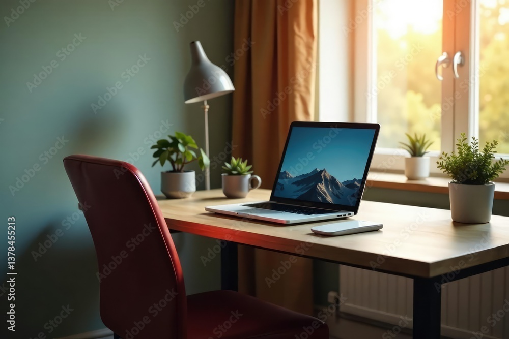Empty chair at desk facing laptop screen, sunlit room, internet, remote Empty chair at desk facing laptop screen, sunlit room, internet, remote