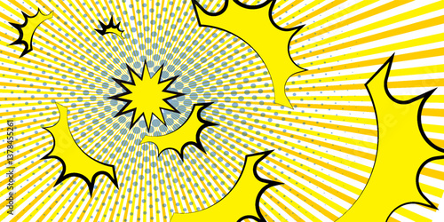 Background illustration of yellow shock wave comic marks and concentrated lines. A4 size landscape.