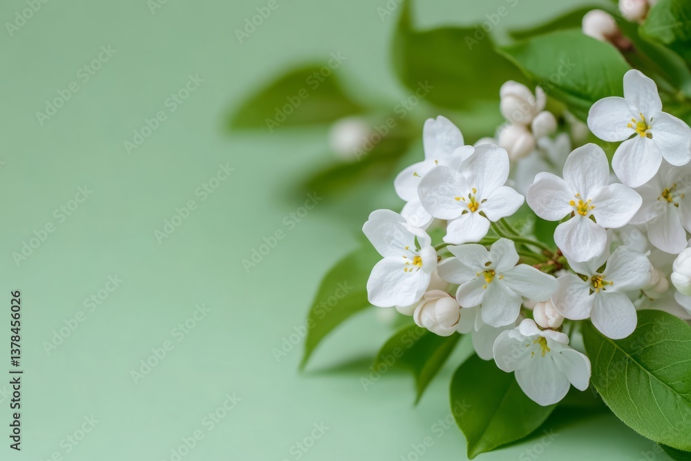 Obraz premium Delicate White Flowers on Soft Green Background with Fresh Leaves and Buds for Nature Lovers