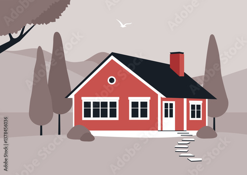 A delightful Scandinavian house stands amidst serene nature, featuring simple lines and a cozy appearance. Soft colors harmonize with the tranquil landscape, creating a peaceful refuge