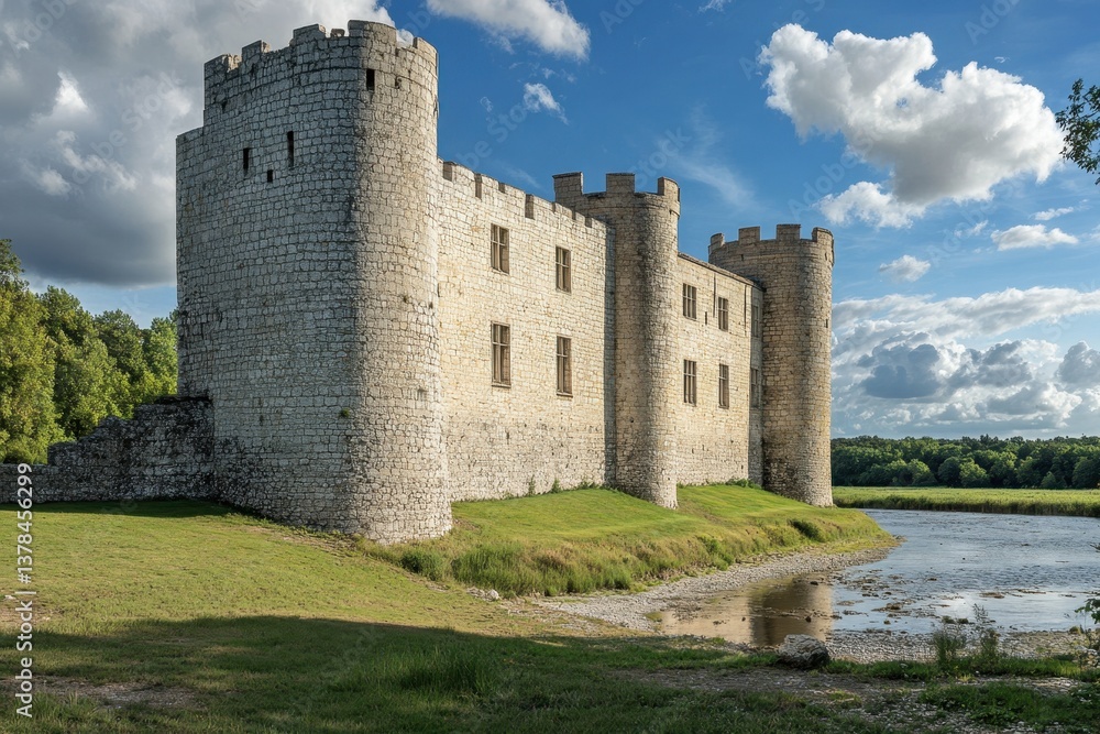 Historic stone castle stands next to a serene river under a bright blue sky Historic stone castle stands next to a serene river under a bright blue sky