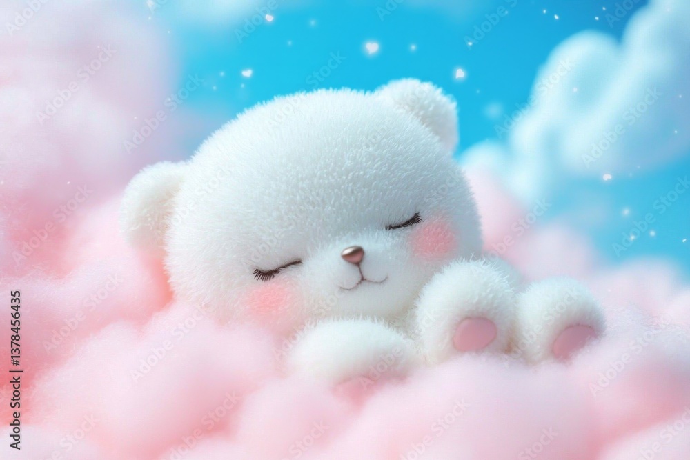 Adorable plush bear resting peacefully on a fluffy pink cloud. Adorable plush bear resting peacefully on a fluffy pink cloud.