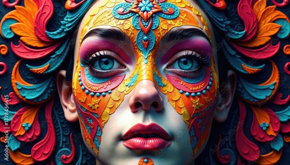 Geometric face pattern on textile, intricate design, tone, mask, artwork Geometric face pattern on textile, intricate design, tone, mask, artwork