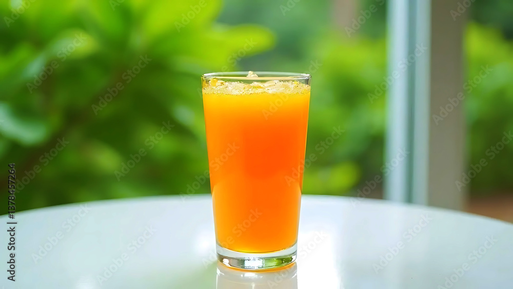 A refreshing glass of orange juice on a marble table with a soft blue background. Vibrant colors and fresh citrus vibes enhance the scene A refreshing glass of orange juice on a marble table with a soft blue background. Vibrant colors and fresh citrus vibes enhance the scene