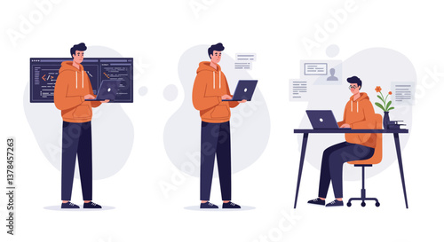 Person in orange hoodie working on laptop with minimal flat vector art style vector illustration