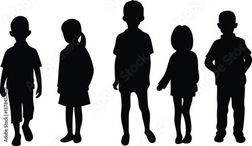 Kids Group Silhouette on White Background Simple Children Shapes Isolated