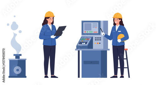 Technician inspecting equipment in flat vector illustration depicting safety and operations in industry