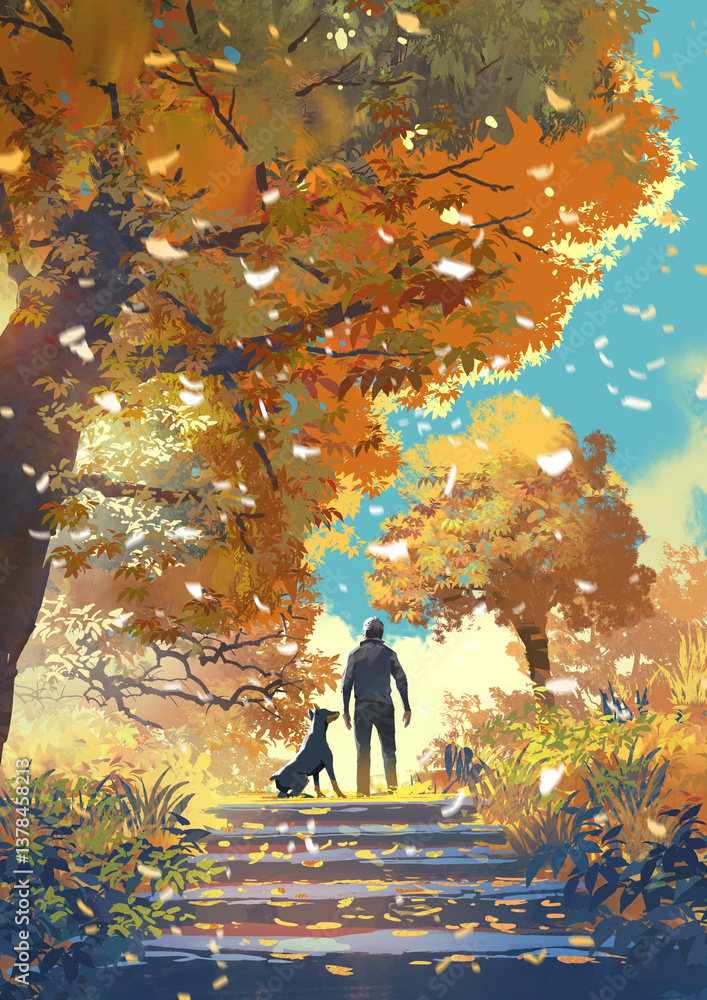 Fototapeta premium A man and his dog stand peacefully under golden autumn trees surrounded by falling leaves and warm sunlight in a serene outdoor park scene, digital art style, illustration painting