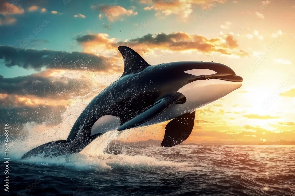 Fototapeta premium Illustrative AI artwork of a sunset with an orca.