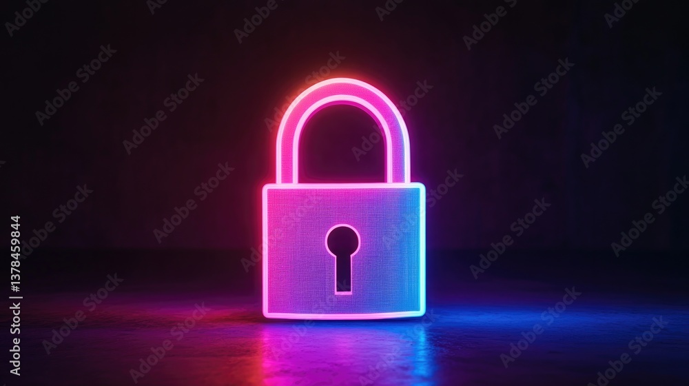 Neon lock symbol illuminated in vibrant pink and blue tones agai Neon lock symbol illuminated in vibrant pink and blue tones agai