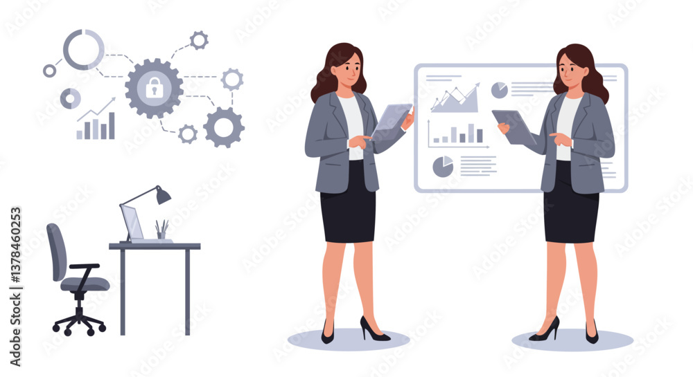 Obraz premium Businesswoman presenting data with digital charts in flat vector art