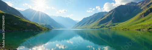 Emerald Kuyguk Lake nestled amongst Altai's peaks Sunlit, tranquil scene , summer, peaks