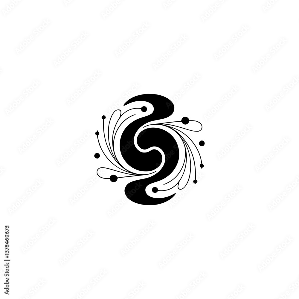 Fototapeta premium Abstract Floral Swirl Logo Design, Minimalist Black and White Ornament