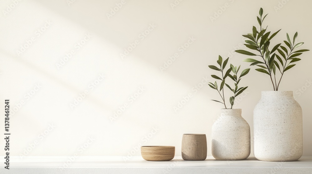 Elegant arrangement of minimalist vases with greenery, soft ligh Elegant arrangement of minimalist vases with greenery, soft ligh