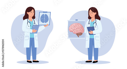 Doctor holding medical images in minimal vector illustration style showcasing brain and scan images in vector art