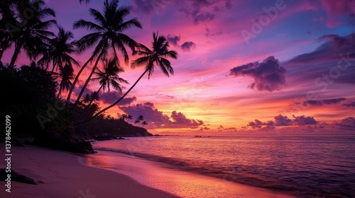 Stunning sunset landscape featuring palm trees by the beach.