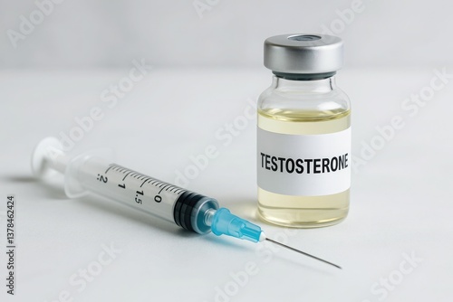 Syringe and vial labeled testosterone placed on white surface, representing hormone therapy or medical treatment concept